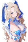  1girl absurdres animal_ears animal_hands blonde_hair blue_eyes blush bow bowtie breasts brown_dust_(series) brown_dust_2 brown_pantyhose collared_leotard commentary darian_silverstein fake_animal_ears gani1127 gloves hashtag-only_commentary heart_pasties highleg highleg_leotard highres huge_breasts leotard long_hair long_sleeves looking_at_viewer nontraditional_playboy_bunny open_mouth pantyhose pasties paw_gloves rabbit_ears revealing_clothes simple_background solo symbol-only_commentary upper_body white_background white_leotard 
