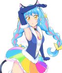  1girl :o animal_ear_fluff animal_ears arm_up armpits black_choker blue_cat blue_gloves blue_hair blush brooch cat_ears cat_tail choker cure_cosmo elbow_gloves gloves haruzu2000 jewelry long_hair looking_at_viewer magical_girl multicolored multicolored_clothes multicolored_skirt precure simple_background skirt solo star_twinkle_precure tail twintails white_background yellow_eyes 