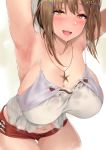  1girl :d armpits arms_up atelier_(series) atelier_ryza blurry blush breasts breath bright_pupils brown_hair camisole cleavage cowboy_shot depth_of_field eyebrows_visible_through_hair hair_ornament hairclip hat highres jewelry kurowa large_breasts navel necklace open_mouth pendant reisalin_stout short_shorts shorts sidelocks simple_background smile solo sweat thigh_gap white_background yellow_eyes 