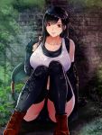  1girl against_wall arm_support bike_shorts black_hair black_legwear breasts collarbone elbow_gloves final_fantasy final_fantasy_vii final_fantasy_vii_remake gloves highres knees_together_feet_apart large_breasts long_hair looking_at_viewer low-tied_long_hair red_eyes red_footwear shade shorts shorts_under_skirt sitting smile sports_bra suspenders suuitchi tank_top thighhighs tifa_lockhart wall 