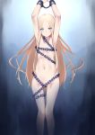  1girl :o abigail_williams_(fate/grand_order) arms_up bangs blonde_hair blue_eyes chain collarbone cuffs eyebrows_visible_through_hair fate/grand_order fate_(series) forehead highres jilu long_hair looking_at_viewer navel nude parted_bangs parted_lips restrained solo very_long_hair 
