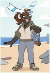  2016 anthro avian basket beach bird brown_fur brown_hair clothed clothing digital_media_(artwork) female feral footwear fur green_eyes gull hair happy hi_res hoodie hyaenid lari larid looking_up mammal open_mouth outside ricket seashell seaside shell shoes smile spotted_hyena standing teeth tongue topwear water zoya_(monstercatpbb) 