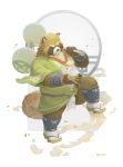  2019 absurd_res anthro belly brown_fur canid canine clothing fundoshi fur gyobu hi_res humanoid_hands japanese_clothing leaf male mammal moobs nipples one_eye_closed overweight overweight_male raccoon_dog robe scar seamonsterping solo tanuki tattoo tokyo_afterschool_summoners underwear video_games wink 