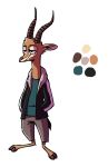  2019 ambiguous_gender antelope anthro barefoot bovid cheek_tuft clothed clothing color_swatch facial_markings fuel_(artist) fuel_(character) gazelle half-closed_eyes hands_in_pockets head_markings head_tuft horn mammal markings model_sheet open_hoodie pockets simple_background solo standing tuft white_background 