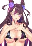 1girl bangs bare_shoulders bikini black-framed_eyewear black_bikini black_bow blush bow breasts brown_hair cleavage commentary_request cum cum_on_body cum_on_breasts cum_on_upper_body eyebrows_visible_through_hair fate/grand_order fate_(series) finger_to_mouth fingernails glasses hair_ornament hands_on_own_chest head_tilt index_finger_raised large_breasts long_hair looking_at_viewer majin_(kiidoumajin) micro_bikini murasaki_shikibu_(fate) nail_polish own_hands_together pink_nails purple_eyes semi-rimless_eyewear shiny shiny_skin simple_background smile solo swimsuit under-rim_eyewear upper_body very_long_hair white_background 