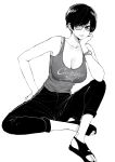  1girl bangs bare_shoulders black_hair breasts cleavage glasses greyscale highres large_breasts monochrome norman_maggot olive_laurentia one_knee original pants pants_rolled_up pixie_cut short_hair sitting slippers solo tank_top watch 