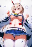  1girl ass_visible_through_thighs ayanami_(azur_lane) azur_lane bangs belt black_choker blue_sailor_collar blue_skirt blush breasts brown_hair cameltoe choker commentary_request cowboy_shot crop_top crop_top_overhang from_below hair_between_eyes hands_up headgear high_ponytail highres long_sleeves looking_at_viewer medium_breasts midriff miniskirt navel no_bra panties pleated_skirt ponytail remodel_(azur_lane) sailor_collar school_uniform serafuku shirt sidelocks skindentation skirt sleeveless sleeveless_shirt solo standing stomach sweat thighhighs underboob underwear west_(vaem5527) white_legwear white_panties white_shirt wide_sleeves yellow_neckwear 