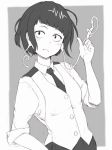  1girl boku_no_hero_academia buttons closed_mouth collared_shirt eyebrows_visible_through_hair grey_background greyscale ina_(gokihoihoi) jirou_kyouka looking_at_viewer monochrome necktie shirt short_hair short_sleeves simple_background skirt solo upper_body 