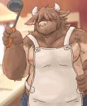  2019 anthro apron belly blush bottomwear bovid bovine brown_fur cattle clothing fur hi_res humanoid_hands kota&acute; male mammal moobs nipples overweight overweight_male pants solo 