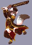  2017 4_fingers 5_toes anthro brown_hair canid canine canis chainsword cloak clothing corset digital_media_(artwork) dipstick_tail female fur hair hat headgear headwear hi_res holding_object holding_weapon inner_ear_fluff jacket kubo leggings legwear lingerie mammal multicolored_tail open_mouth raised_arm red_eyes running simple_background smile solo toes topwear underwear weapon white_fur wolf 