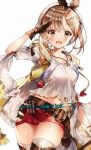  1girl atelier_(series) atelier_ryza belt blush breasts brown_eyes brown_hair hair_ornament hairclip hat highres jewelry looking_at_viewer necklace open_mouth red_shorts reisalin_stout short_shorts shorts smile solo thighhighs thighs weri 