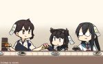  3girls anchor_symbol black_bodysuit black_gloves black_hair black_sailor_collar blue_sailor_collar bodysuit brown_eyes brown_hair clothes_writing commentary conveyor_belt conveyor_belt_sushi dated food glasses gloves hachimaki hair_flaps hairband hamu_koutarou hatsuzuki_(kantai_collection) headband highres japanese_clothes kaga_(kantai_collection) kantai_collection long_hair medium_hair multiple_girls muneate neckerchief necktie ooyodo_(kantai_collection) opaque_glasses paper plate red_neckwear sailor_collar semi-rimless_eyewear short_hair side_ponytail sushi tasuki translation_request under-rim_eyewear upper_body yellow_eyes 