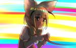  1girl animal_ear_fluff animal_ears bangs blonde_hair blunt_bangs bow bowtie brown_eyes commentary elbow_gloves extra_ears eyebrows_visible_through_hair fennec_(kemono_friends) fox_ears fur_trim gloves holding holding_ribbon kemono_friends multicolored multicolored_background pink_ribbon pink_vest puffy_short_sleeves puffy_sleeves ribbon shirt short_hair short_sleeves signature solo upper_body vest welt_(kinsei_koutenkyoku) white_shirt yellow_neckwear 