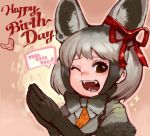 1girl ;d animal_ear_fluff animal_ears bat-eared_fox_(kemono_friends) black_eyes black_gloves black_hair bow bowtie commentary ear_ribbon elbow_gloves extra_ears fangs fox_ears fur_trim gloves grey_hair hair_ribbon hands_together handsdsds happy_birthday kemono_friends looking_at_viewer multicolored_hair one_eye_closed open_mouth outline red_ribbon ribbon short_hair short_sleeves simple_background smile solo sparkle speech_bubble teeth two-tone_hair upper_body 