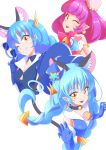  1girl ;) animal_ear_fluff animal_ears bell black_choker blue_cat blue_gloves blue_hair blue_headwear brooch cat_ears choker cure_cosmo elbow_gloves eyebrows_visible_through_hair eyewear_removed gloves green_eyes hat headwear_removed highres jewelry long_hair looking_at_viewer magical_girl mao_(star_twinkle_precure) mini_hat one_eye_closed open_mouth pink_hair pointy_ears precure shiruppo short_hair smile star star_twinkle_precure sunglasses twintails yellow_eyes 