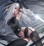  1girl android arms_up black_legwear blue_eyes boots commentary feathers garter_straps highres joints long_hair looking_away nier_(series) nier_automata silver_hair solo sword thigh_boots thighhighs torn_clothes uruka_18 weapon yorha_type_a_no._2 
