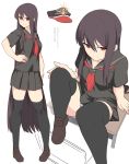  1girl black_hair black_legwear black_serafuku black_shirt black_skirt breasts commentary_request desk family_crest fate/grand_order fate_(series) full_body hair_between_eyes hand_on_hip hat koha-ace loafers long_hair military_hat multiple_views neckerchief oda_nobunaga_(fate) oda_uri on_desk panties peaked_cap pleated_skirt red_eyes sailor_collar sanpaku school_uniform serafuku shirt shiseki_hirame shoes short_sleeves sitting sitting_on_desk skirt thighhighs translation_request underwear uniform very_long_hair white_panties zettai_ryouiki 