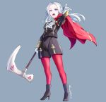  1girl absurdres axe blonde_hair blue_eyes cape cravat edelgard_von_hresvelgr_(fire_emblem) fire_emblem fire_emblem:_fuukasetsugetsu full_body gloves grimmelsdathird hair_ornament hair_ribbon highres long_hair looking_at_viewer open_mouth pantyhose red_cape ribbon short_hair simple_background solo uniform weapon white_background 