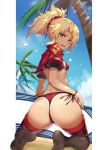  1boy ass bangs beach bikini black_legwear black_ribbon blonde_hair blue_sky breasts cloud cropped_jacket day fate/grand_order fate_(series) from_behind green_eyes hair_ornament hair_scrunchie jacket kakumayu kneeling light_rays long_hair looking_at_viewer looking_back mordred_(fate) mordred_(fate)_(all) no_shoes open_clothes open_jacket outdoors palm_tree parted_bangs ponytail red_bikini red_jacket ribbon sand scrunchie short_sleeves side-tie_bikini sidelocks sky small_breasts smile sunbeam sunlight surfboard swimsuit thighhighs tree 