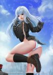  1girl ass blue_eyes blush boots cloud genderswap genderswap_(mtf) long_hair looking_at_viewer nefrubi nier_(series) nier_automata panties solo striped striped_panties underwear white_hair yorha_no._9_type_s 