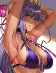  1girl amakaze armpits arms_behind_head arms_up bb_(fate)_(all) bb_(swimsuit_mooncancer)_(fate) bikini blush bracelet breasts collarbone fate/grand_order fate_(series) grin hair_between_breasts hair_between_eyes highres jewelry large_breasts light_rays long_hair looking_at_viewer oekaki purple_bikini purple_eyes purple_hair shiny shiny_hair sideboob smile solo swimsuit tan tiara upper_body 