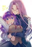  2girls black_sweater brown_vest fate/stay_night fate_(series) glasses hair_ribbon homurahara_academy_uniform hug matou_sakura mebaru multiple_girls purple_eyes purple_hair ribbon rider school_uniform sweater turtleneck turtleneck_sweater vest 