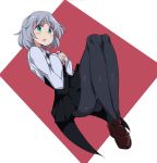  1girl ass blush border brown_footwear buta-don dutch_angle green_eyes grey_hair loafers open_mouth outside_border panties panties_under_pantyhose panty_peek pantyhose red_background sanya_v_litvyak shoes short_hair skirt solo strike_witches surprised thighs underwear white_border world_witches_series 