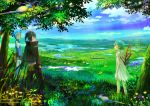  1boy animal_hood bird breath_of_fire breath_of_fire_v cloud commentary_request grass hood lake lin_(breath_of_fire) mountain multiple_girls nina_(breath_of_fire_v) ryuu_(breath_of_fire_v) short_hair sky tree uzurara 