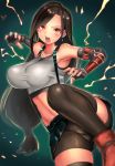  1girl arm_guards armpits bike_shorts black_hair black_legwear black_shorts black_skirt breasts earrings elbow_gloves electricity fighting_stance final_fantasy final_fantasy_vii final_fantasy_vii_remake fingerless_gloves gloves hei_(heiyohei) jewelry long_hair looking_at_viewer low-tied_long_hair navel open_mouth shorts shorts_under_skirt skirt solo stomach suspenders thighhighs tifa_lockhart toned undershirt 