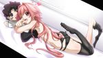  ass astolfo bed fate/grand_order fate_(series) male mino106 pink_hair ponytail purple_eyes tagme thighhighs trap underwear watermark wink 