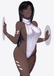  bangs bare_shoulders black_hair blue_eyes breasts dark_skin earrings jewelry large_breasts lips long_hair meme_attire miyamoto_issa naked_sweater original parted_bangs ribbed_sweater sideboob sweater turtleneck virgin_killer_sweater 