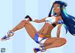  1girl armlet black_hair blue_background blue_eyes blush bracelet breasts dark_skin donson earrings full_body gloves hoop_earrings jewelry long_hair looking_at_viewer medium_breasts multicolored_hair navel necklace poke_ball pokemon pokemon_(game) pokemon_swsh rurina_(pokemon) sandals simple_background smile solo spread_legs streaked_hair striped striped_background swimsuit tankini two-tone_hair 