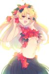  1girl bangs bare_shoulders blonde_hair blush breasts cis05 ereshkigal_(fate/grand_order) fate/grand_order fate_(series) flower grass_skirt hair_flower hair_ornament hibiscus long_hair looking_at_viewer medium_breasts navel open_mouth parted_bangs red_bikini_top red_eyes simple_background smile solo two_side_up white_background 