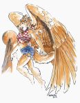  2019 anthro bottomwear brown_hair butte canid canine canis clothing coyote cutoffs denim denim_clothing denim_shorts feathers female fur green_eyes hair halter_top heather_bruton hi_res mammal midriff moon shorts simple_background solo tan_feathers tan_fur white_background wings 