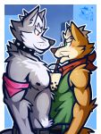  blush bubble_tea canid canine canis clothed clothing collar fox_mccloud hi_res male male/male mammal neckerchief nintendo star_fox topless ventkazemaru video_games whiskers wolf wolf_o&#039;donnell 