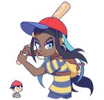  1girl absurdres artist_request backpack bag baseball_cap black_hair blue_eyes blue_hair cosplay dark_skin earrings gym_leader hat highres jewelry long_hair looking_at_viewer mother_(game) mother_2 multicolored_hair ness ness_(cosplay) pokemon pokemon_(game) pokemon_swsh rurina_(pokemon) shirt short_hair simple_background super_smash_bros. 