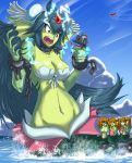  1boy 3d_glasses 4girls aircraft airplane anger_vein angry blue_hair breasts cleavage crushing cup disposable_cup electricity fins food giantess giga_mermaid green_skin highres mermaid monster_girl multiple_girls no_nipples ocean popcorn red_eyes rock shantae_(series) size_difference splashing techno_baron user_tnce8582 
