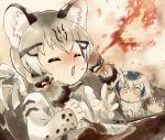  3girls animal_ear_fluff animal_ears blonde_hair blush breathing_fire brown_hair cat_ears closed_eyes commentary curry curry_rice eurasian_eagle_owl_(kemono_friends) extra_ears fire food geoffroy&#039;s_cat_(kemono_friends) hair_ribbon hakoneko_(marisa19899200) highres holding holding_spoon kemono_friends long_hair long_sleeves looking_at_another multicolored_hair multiple_girls northern_white-faced_owl_(kemono_friends) open_mouth ribbon rice sketch solo_focus spicy spoon tears two-tone_hair white_ribbon 