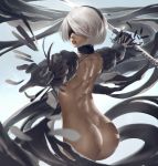  1girl ass black_blindfold black_hairband blindfold covered_eyes facing_viewer feather-trimmed_sleeves feathers hairband highres lips mole mole_under_mouth nier_(series) nier_automata no_panties parted_lips pink_lips short_hair silver_hair sword torn_clothes uruka_18 vambraces weapon yorha_no._2_type_b 