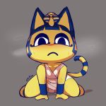  1:1 2019 animal_crossing ankha_(animal_crossing) anthro bandage blue_hair blush bodily_fluids clothed clothing digital_media_(artwork) domestic_cat egyptian felid feline felis female flat_chested fupoo fur hair looking_at_viewer mammal nintendo simple_background solo sweat video_games yellow_fur 