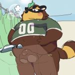  2019 anthro balls blush brown_fur canid canine clothing flaccid fur humanoid_hands leaf loneliestbara male mammal overweight overweight_male penis raccoon_dog shirt solo tanuki topwear 