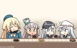  /\/\/\ 4girls anchor_symbol atago_(kantai_collection) beret black_gloves blonde_hair blue_eyes blue_headwear blush breasts closed_eyes closed_mouth commentary conveyor_belt conveyor_belt_sushi dress dual_persona eating eyebrows_visible_through_hair flat_cap food gloves gradient gradient_background green_eyes hair_ribbon hammer_and_sickle hamu_koutarou hat headgear hibiki_(kantai_collection) highres kantai_collection large_breasts long_hair long_sleeves looking_at_viewer maestrale_(kantai_collection) military military_uniform multiple_girls open_mouth remodel_(kantai_collection) ribbon sailor_collar sailor_dress school_uniform serafuku silver_hair smile star sushi uniform verniy_(kantai_collection) white_dress white_headwear 