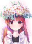  1girl bangs commentary_request flower flower_on_head highres kemurikusa long_hair looking_at_viewer red_eyes red_hair rina_(kemurikusa) simple_background smile solo straight_hair usapenpen2019 wreath 