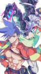  2boys absurdres black_gloves black_jacket blue_eyes blue_hair chest cravat earrings fire galo_thymos gloves green_hair half_gloves highres jacket jewelry lio_fotia looking_at_viewer male_focus multiple_boys promare purple_eyes shirtless smile spiked_hair toramaru_(696anna) upside-down 