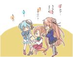  1other 3girls akigumo_(kantai_collection) aqua_neckwear aqua_skirt black_legwear black_skirt blue_hair blue_sailor_collar blue_shirt breasts brown_eyes brown_hair chibi commentary_request dixie_cup_hat double_bun full_body green_eyes hair_ribbon hat johnston_(kantai_collection) kantai_collection light_brown_hair long_hair long_sleeves medium_breasts military_hat miniskirt multiple_girls neckerchief pantyhose pleated_skirt ponytail popori_(artist) red_footwear ribbon sailor_collar samuel_b._roberts_(kantai_collection) school_uniform serafuku shirt short_hair sitting sketchbook skirt sleeve_cuffs standing thighhighs translation_request two_side_up whale white_headwear white_shirt 