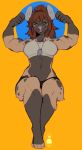  2016 anthro breasts brown_fur brown_hair clothed clothing digital_media_(artwork) dog_tags ecc female flexing fur green_eyes hair hi_res hyaenid looking_at_viewer mammal midriff muscular navel sitting solo spots spotted_fur spotted_hyena zoya_(monstercatpbb) 