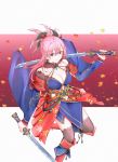  1girl absurdres asymmetrical_hair autumn_leaves black_legwear blue_eyes blue_kimono breasts collarbone commentary commentary_request detached_sleeves dual_wielding earrings fate/grand_order fate_(series) hair_ornament highres holding holding_sword holding_weapon huge_filesize japanese_clothes jewelry katana kimono large_breasts leaf_print looking_at_viewer looking_up magatama maple_leaf_print miyamoto_musashi_(fate/grand_order) navel_cutout obi pink_hair ponytail sash sheath sheathed short_kimono sleeveless sleeveless_kimono solo sword thighhighs unsheathed weapon wide_sleeves winered07 