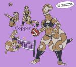  absurd_res anthro ball black_clothing clothing copper_valley flat_chested grey_scales hand_on_hip hi_res long_neck midriff mil-the-windmill multicolored_scales multiple_images one_eye_closed purple_background reptile scales scalie simple_background snake speech_bubble sport tan_scales volleyball volleyball_(ball) volleyball_net 