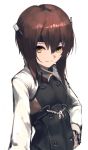  1girl black_headband breasts brown_eyes brown_hair hair_between_eyes hara_shoutarou headband headgear highres kantai_collection looking_at_viewer remodel_(kantai_collection) short_hair simple_background small_breasts smile solo taihou_(kantai_collection) upper_body white_background 