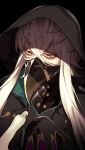  1boy asclepius_(fate/grand_order) bangs black_jacket commentary_request fate/grand_order fate_(series) green_eyes hair_between_eyes highres hood hood_up hooded_jacket hoodie jacket long_hair male_focus mask samuraisamurai simple_background sleeves_past_fingers sleeves_past_wrists snake solo upper_body 
